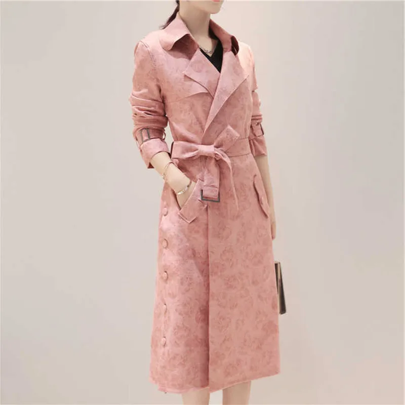 Nice primavera outono camurça trench coat feminino casual com faixas oversize blusão feminino rosa outerwear moda casaco longo p551