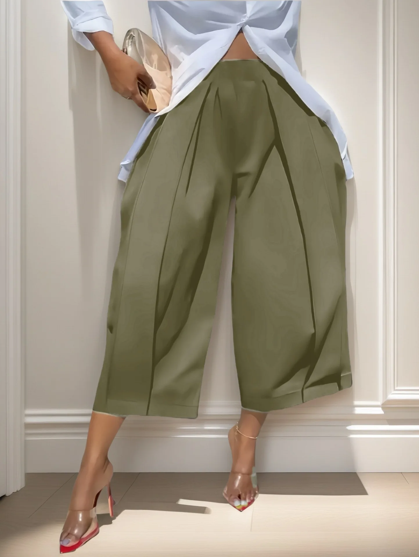 Women Casual Pants High Waist Elastic Waistband Front Pleats Loose Fit Wide Leg Pants Summer Lightweight Pockets Trousers