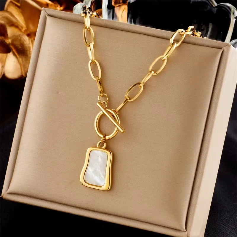 316L Stainless Steel Geometric Trapezoidal Pearl Oyster Pendant Necklace For Women New OT Buckle Chains Jewelry Gifts