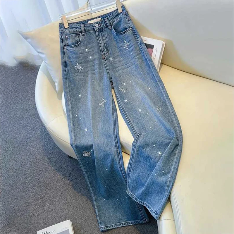 Fashion Diamond Butterfly Jeans for Women Spring New Retro High Waist Loose Straight Wide Leg Pants Casual Baggy Denim Trousers