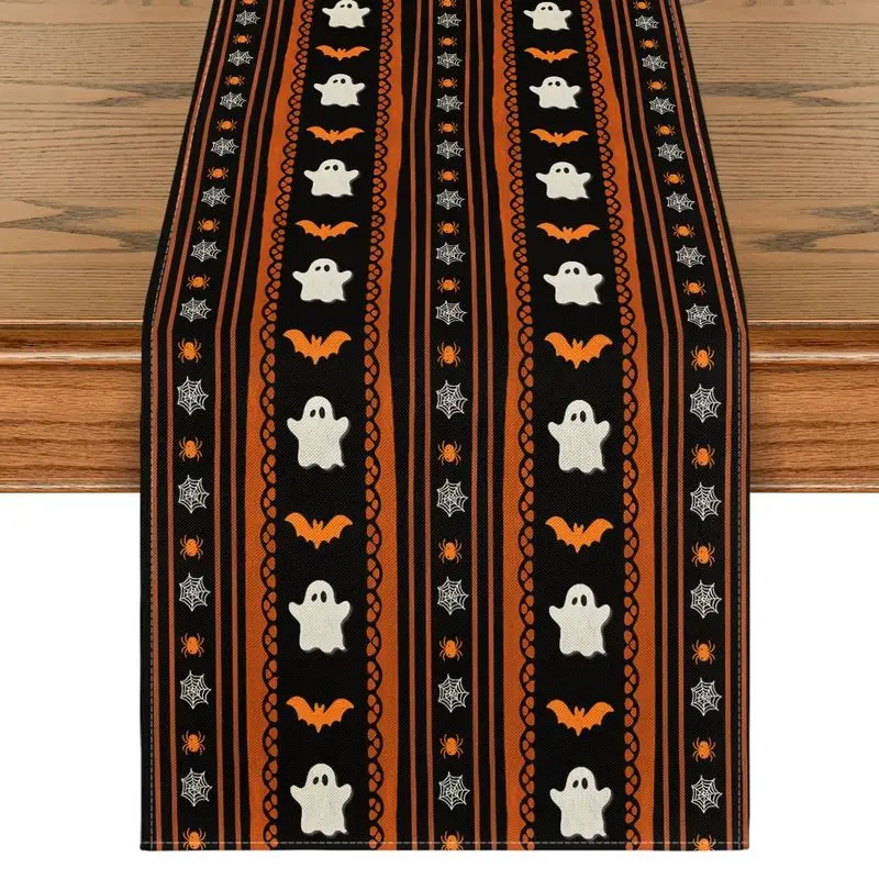 VIKAMA Halloween Table Runner Striped Ghost Bat Spider Web Dining Table Home Halloween Party Decor