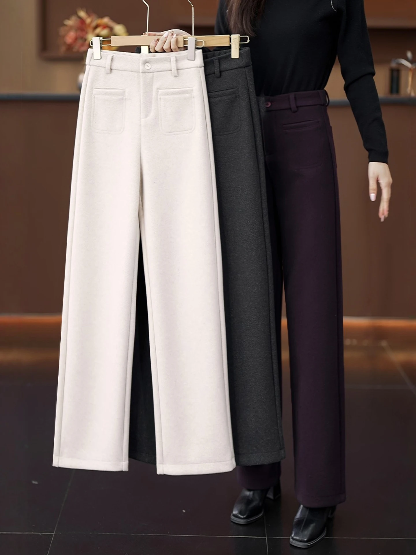 

High Waist Slim Fit Acetate Wool Wide Leg Pants Women's Casual Straight Cut Suit Pants Autumn Winter New Style