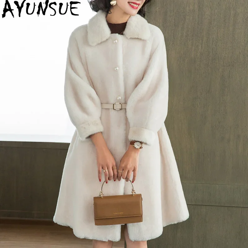 

AYUNSUE Double Faced Fur Coat Female Sheep Shearling Fur Coats Winter Jacket Women Mink Fur Collar Genuine Leather Jacket MY3883