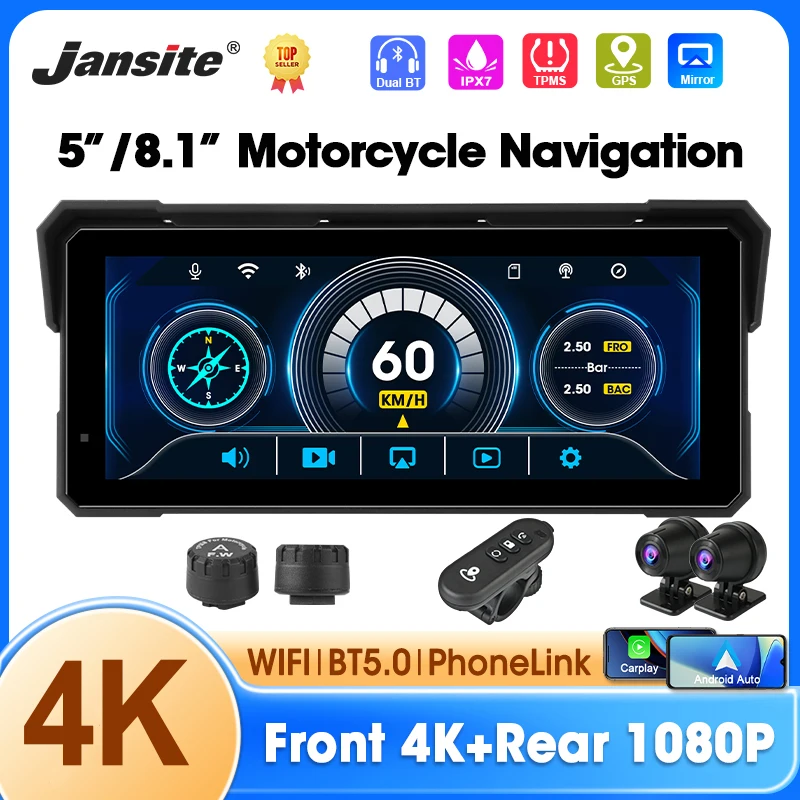 5/8.1 pollici Moto Carplay Navigazione GPS Wireless Carplay Android Auto IPX7 Supporto impermeabile 4K + 1080P Doppia lente DVR