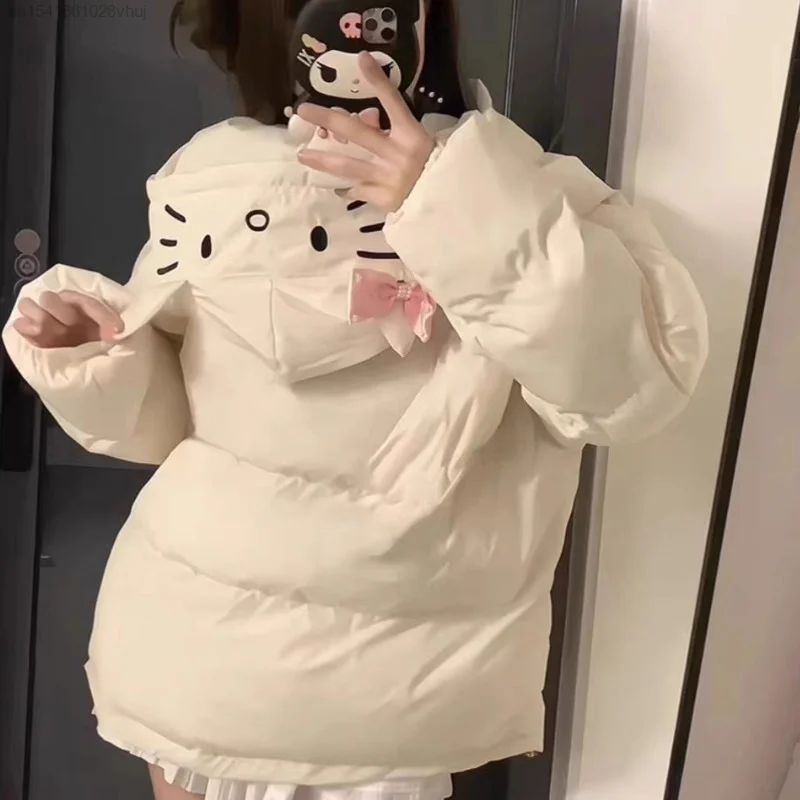 Sanrio Hello Kitty New Cute Women Winter Down Jacket Kawaii College Style Hooded Fashion Y2k 2000s Harajuku Down Coats Christmas