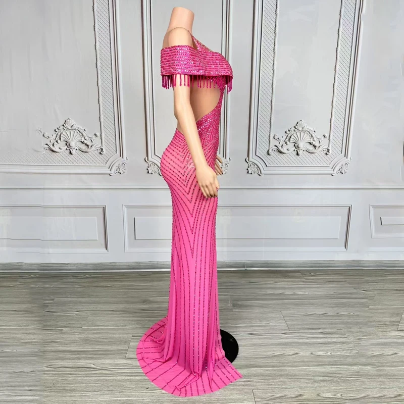 Traje de Festival de Bar y Club nocturno para mujer, vestidos de noche rosas con diamantes de imitación, disfraces de pasarela para escenario, traje de fiesta y Festival XS10230