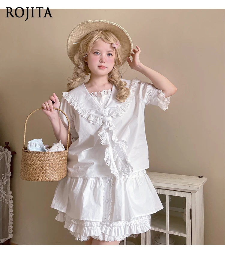 Japanese Style Sweet Lace Navy Collar White Short Sleeve Shirt Top Fungus Lace Removable Strap Skirt Women Outfots