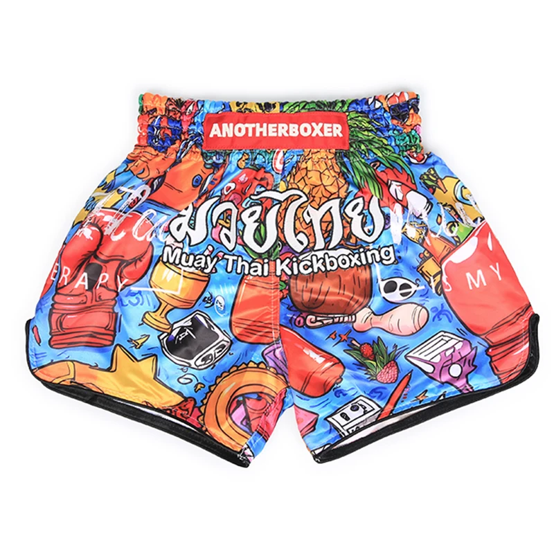 Kinder Muay Thai Shorts Jugend Kickbox-Boxshorts Bunter Graffiti-Druck Satin Atmungsaktive Kampfshorts für Jungen und Mädchen Training