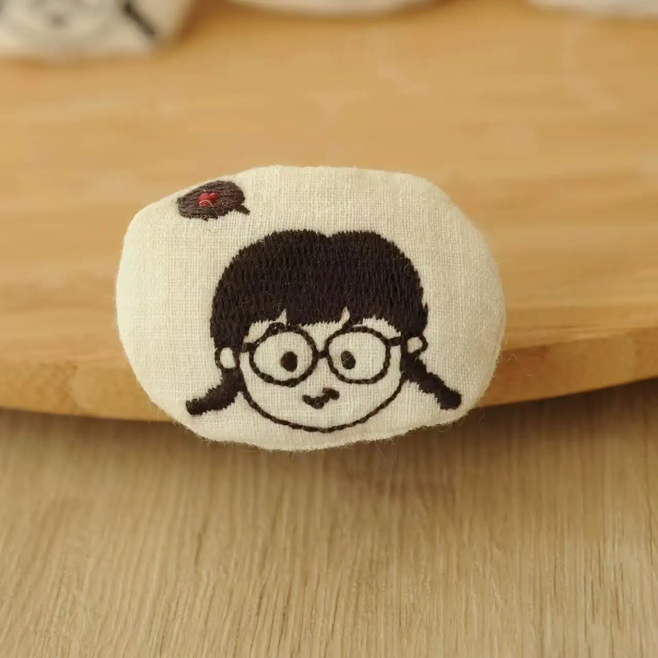 Embroidered Oval Fabric Brooch Cartoon Girl with Glasses Literary Style Versatile Pin for Women Bag Clothing
