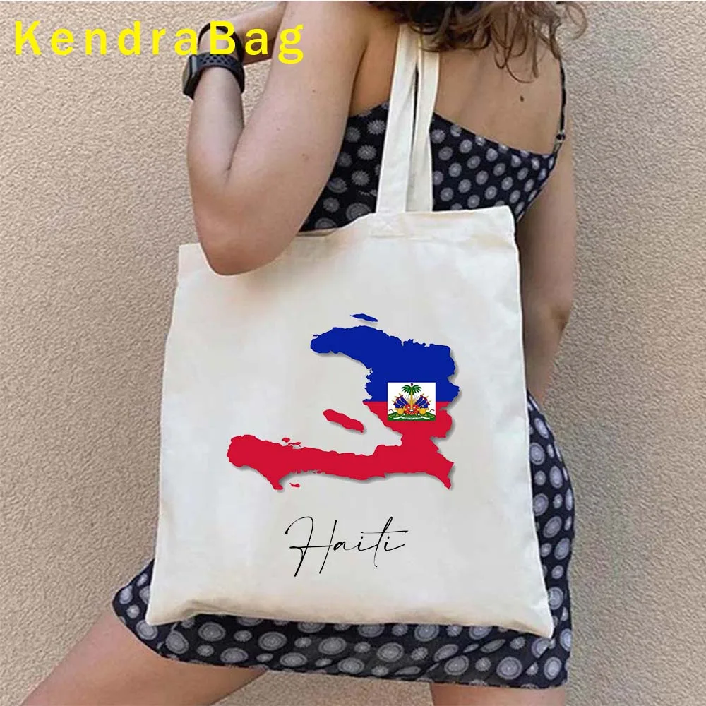 Haitian Girl Gift Arms of Haiti Country Map Flag Heritage Woman Love Heart Sunset Shopper Canvas Totes Bag Eco Shopping Handbags