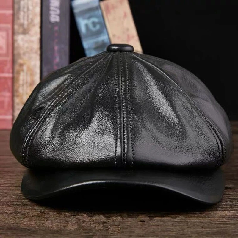 Retro Octagonal Genuine Leather Hat Winter Men\'s Cowhide Leather Beret Elegant Fashion Student Tongue Cap Snapback Caps For Men