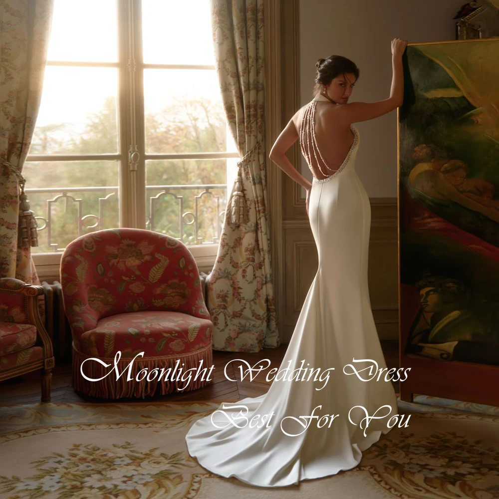 Modern Beading Halter Mermaid Wedding Dress Women 2026 Sleeveless Pleat Satin Open Back Bridal Gown Vestidos De Novia Customized