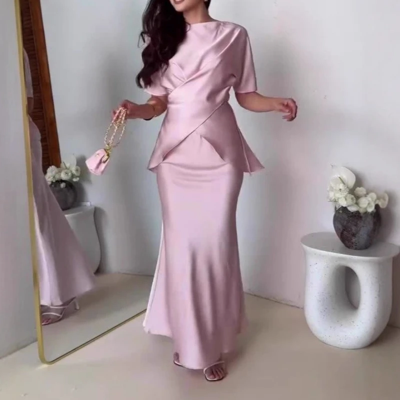 Primavera verão cetim vestido longo terno branco elegante tripulação pescoço cruz tie-up topo & bodycon saia conjunto 2 peça chique sólido mulher outfit