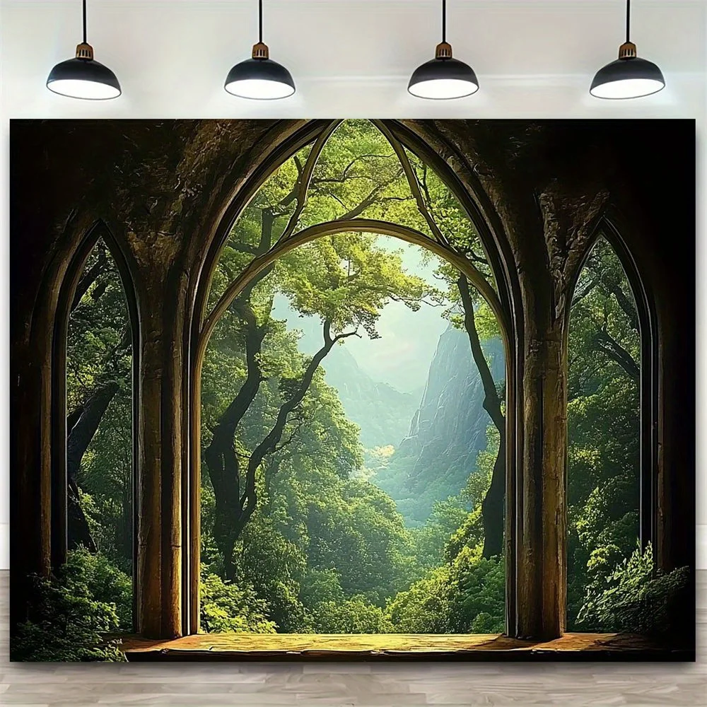 Eine bezaubernde gotische Wandbehang mit Wald- und Berglandschaft – prächtiges Baumloch-Design, Baumdekoration