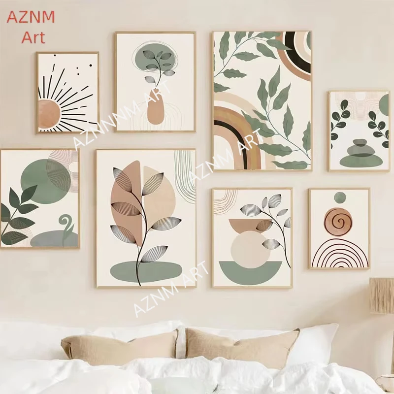 1pc Nordic Boho Posters Abstract Geometry Line Canvas Painting Leaves Sun Rainbow Boho Home Decor Picture For Living Room Decor