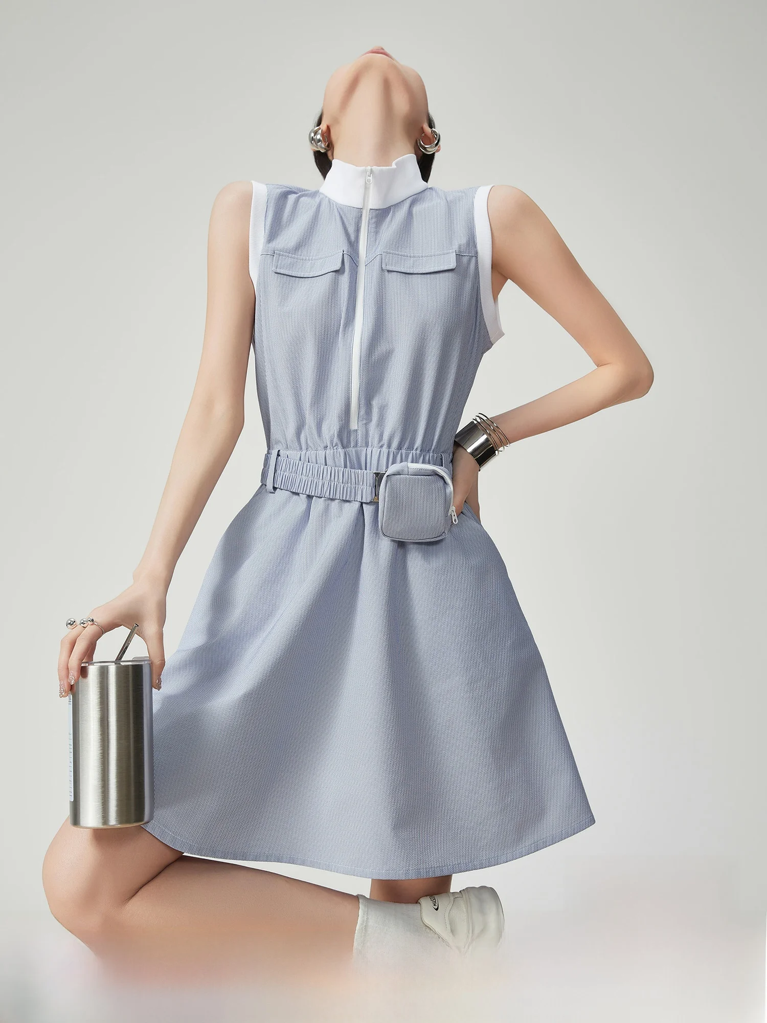 Bleu blanc rayé décontracté Golf Svel gilet Dr femmes mi-longue Unique belle taille cintrée jupe à la mode Polyester F...