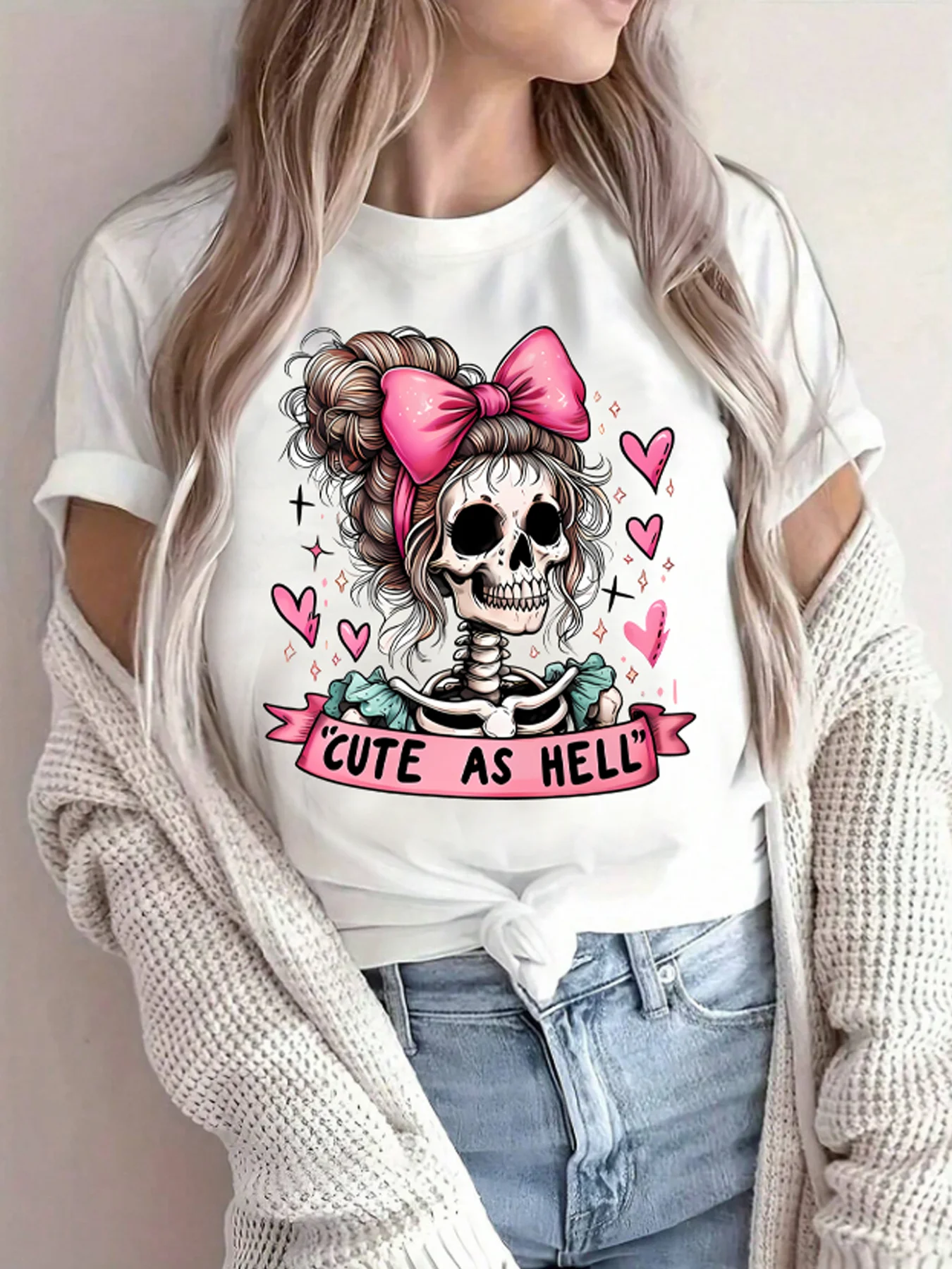 

Skeleton with a pink bow Plus size women's round neck short sleeve T-shirt with elastic half sleeves and trendy prints