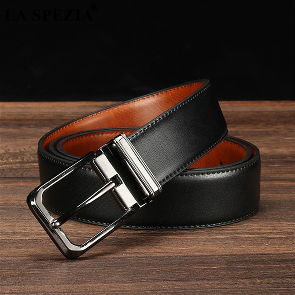 LA SPEZIA Double Sided Genuine Leather Belt Male Brown Black Men Casual High Quality Belt Pin Buckle Real Leather Belts for Men