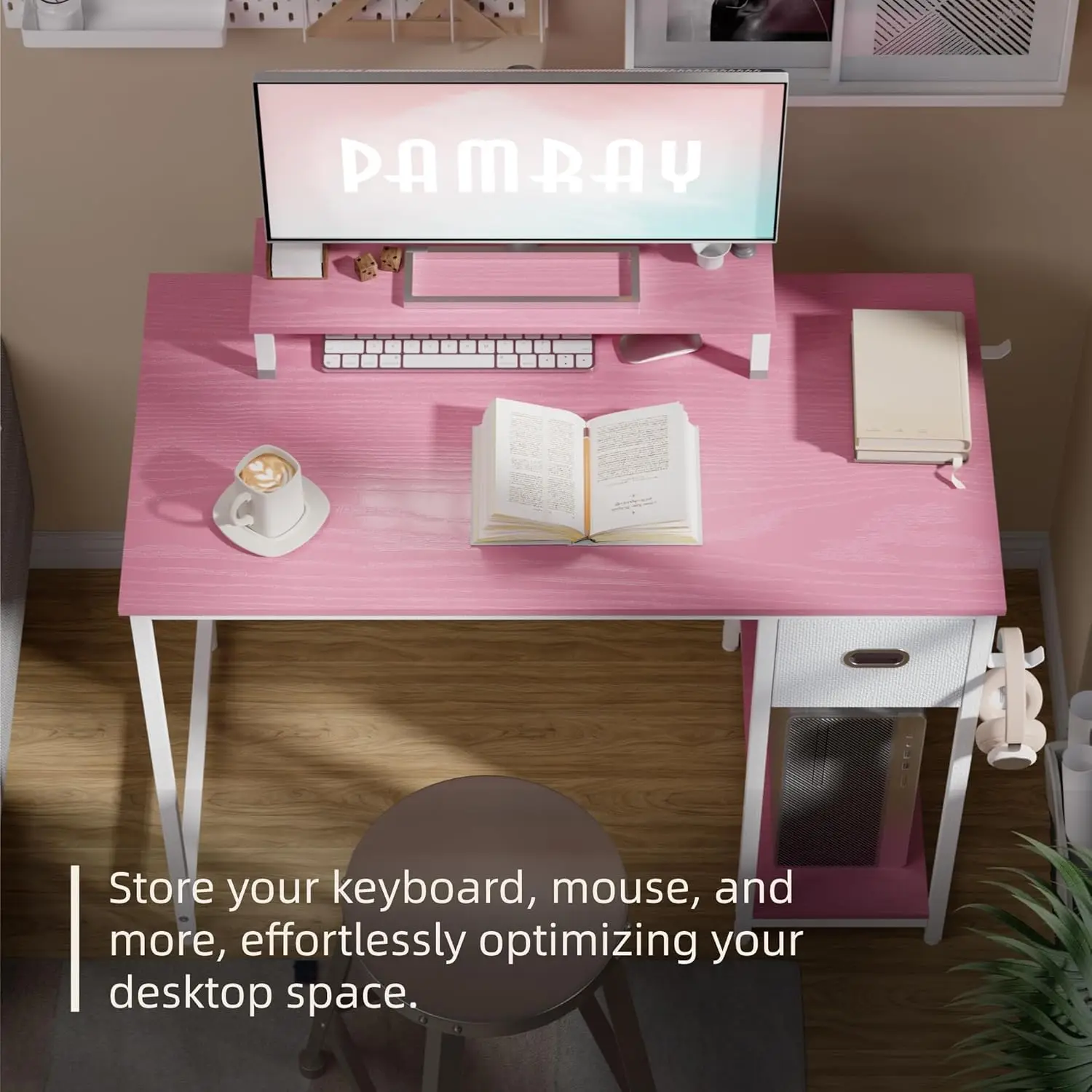 39-Inch Pink Computer Desk with Monitor Stand, Storage Drawer, Adjustable Feet for Home Office Study