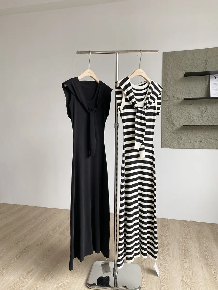 

Elegant Stripe Sleeveless Dress for Women Spring 2026 Fashionable Versatile Shoulder Covering Two-Piece Set Mid-Length Dress