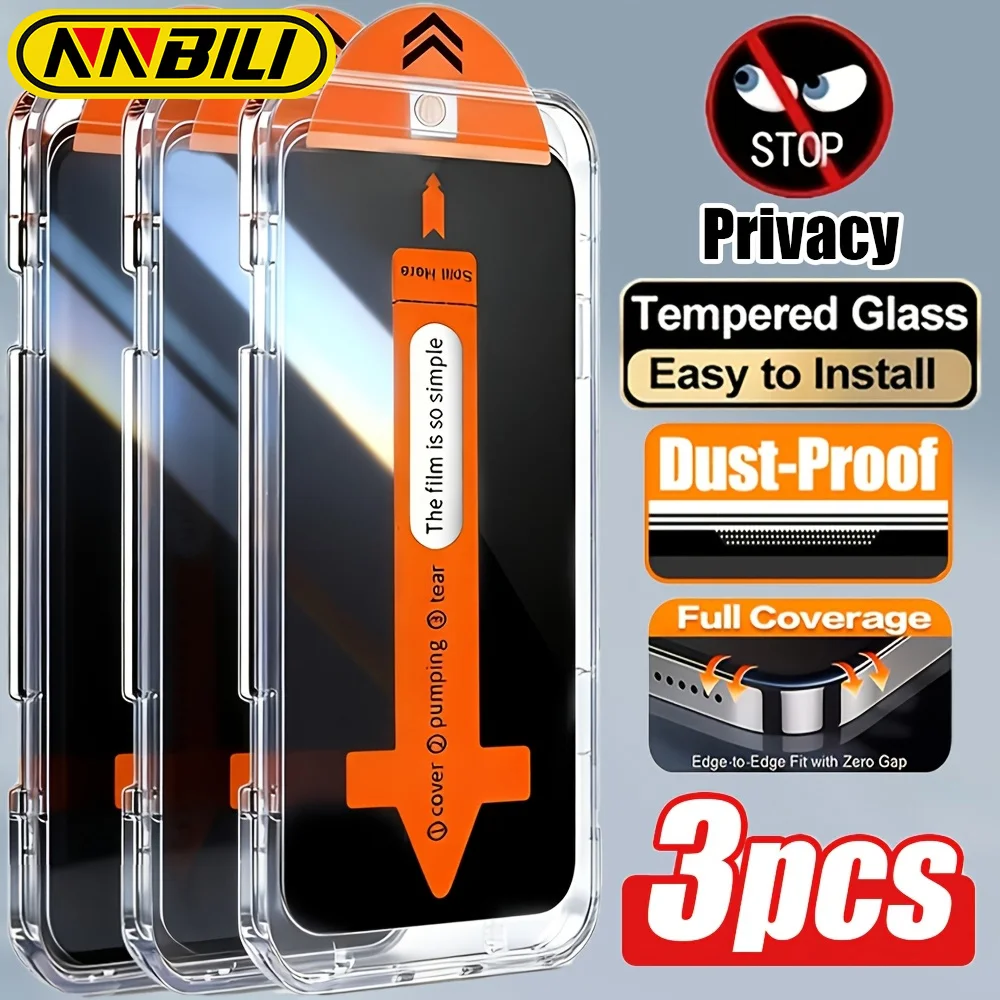NNBILI 3er-Set Oleophobe Anti-Spy Panzerglas-Displayschutzfolien für iPhone 17 16 15 14 13 12 11 Pro Max 17e 16e Serie