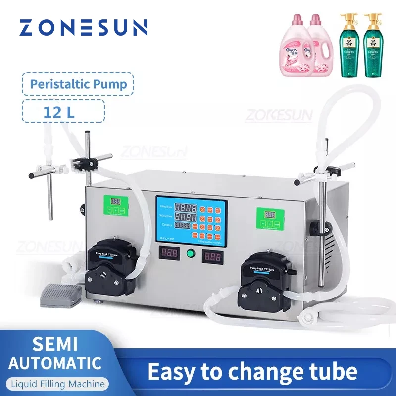 ZONESUN 12L Double Nozzles Desktop Semi-automatic  Liquid Gel Beverage Perfume Filling Machine Peristaltic Pump Water Filler