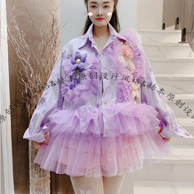 

Women 3D Flowers Mesh Ruffles Splicing Denim Jacket Spring Patchwork Gauze Ruched Jeans Coat Sequined Cowboy Cardigan Tops