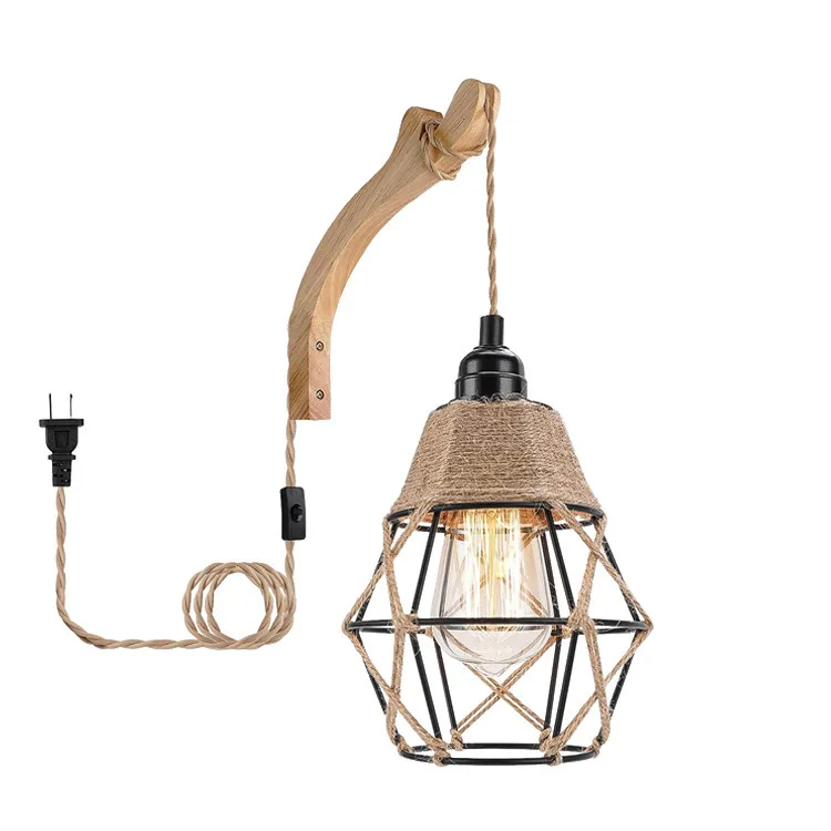 

Rural Triangle Solid Wood Rope Pendant Wall Lamp WitWrought Iorn Cage Shade E27 LED Edison Bulb Hemp Rope Wall Sconce