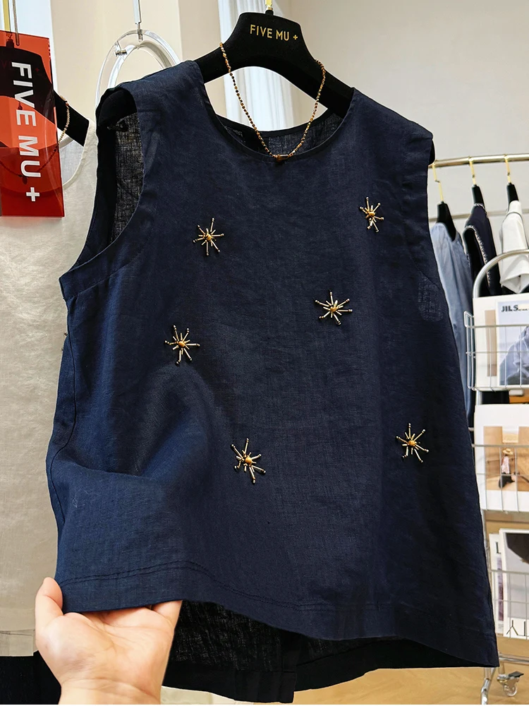 

plus Size 300 Pounds Women's round Neck Sleeveless Vest Qing Blue Color Summer Top Fashion Design Embellished Casual Wear
