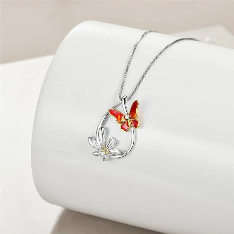 Fashionable and Simple Ladies Silver Drop-Shaped Daffodil Red Butterfly Pendant