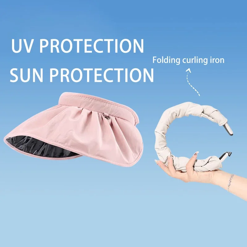 Summer Sun Hats Women Foldable Visor UV Protection Top Empty Solid Vacation Beach Sunscreen Baseball Cap Headband Sunscreen Cap