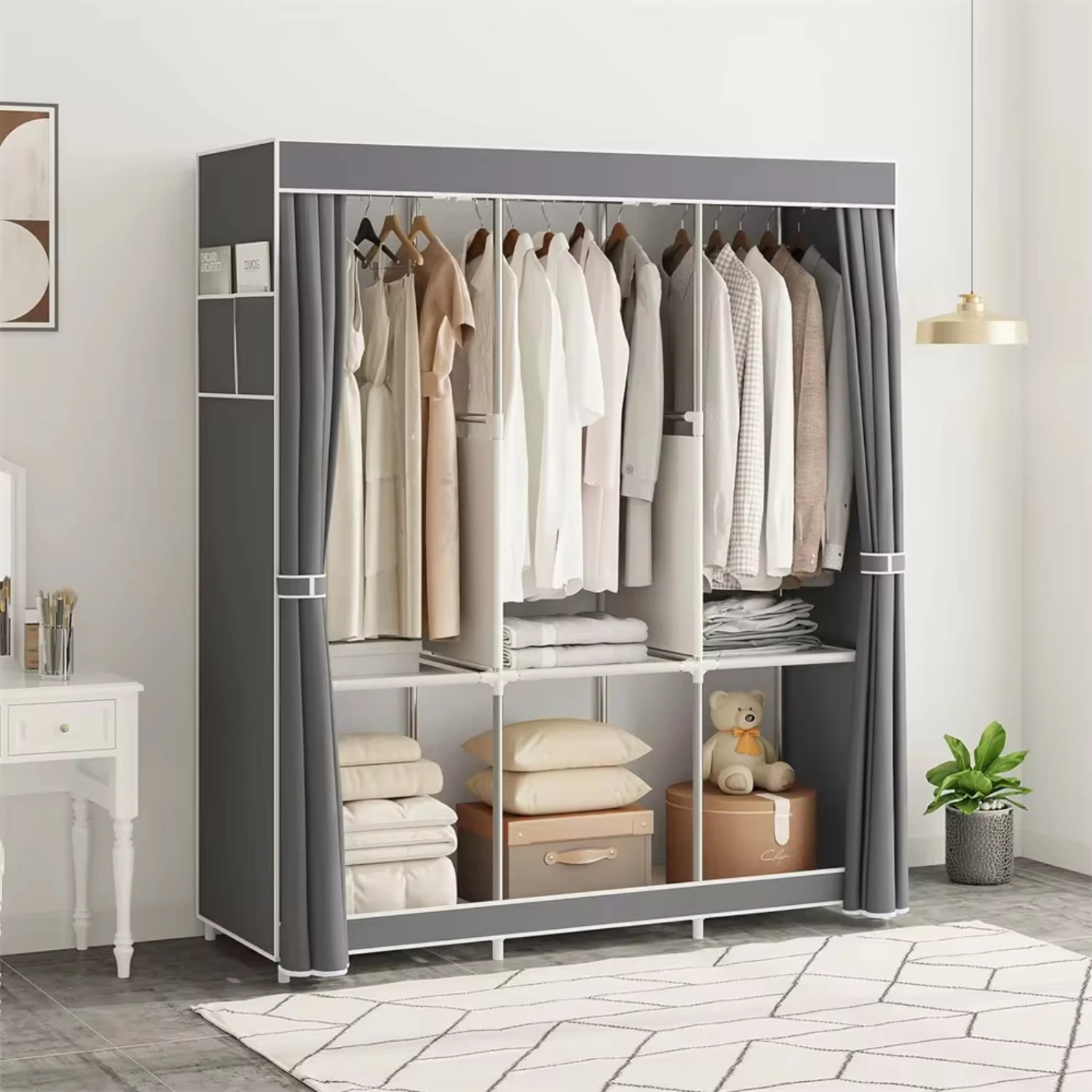 

Wardrobe Closet Clothes Organizer with Oxford Cloth Fabric Shelves+Hanging Sections+Side Pockets & Easy to Assemble