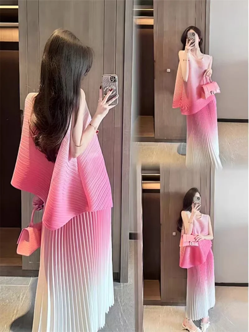 Dress Elegant Party Dresses Woman Purple Pleated Small Fragrance Suit Skirt Female Summer Pleated Simple Skirt Two-Piece Suit