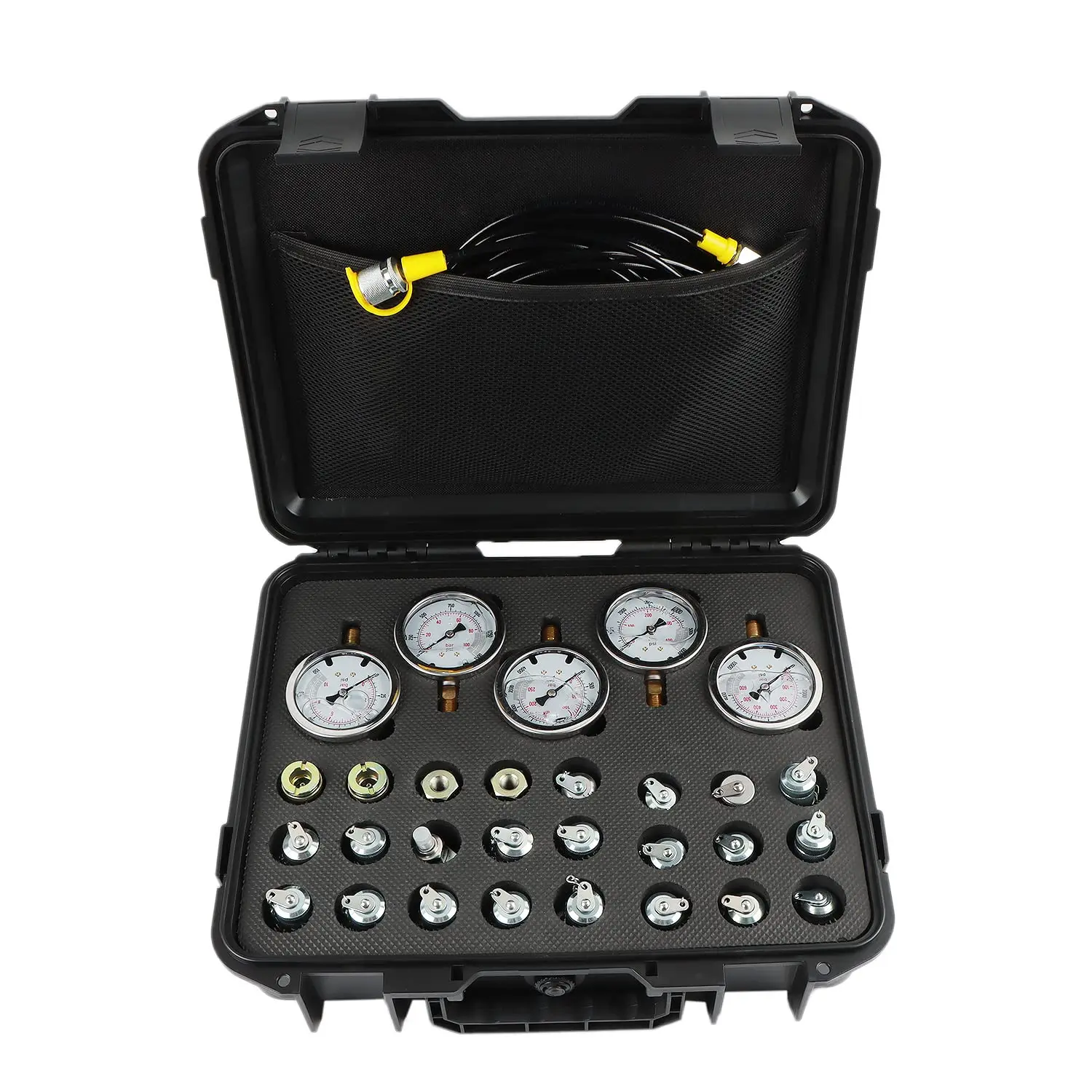 

Hydraulic Pressure Test Kit with 5 Gauges 10/100/250/400/600bar 24 Couplings 4 Test Hoses for Excavator Construction Machinery