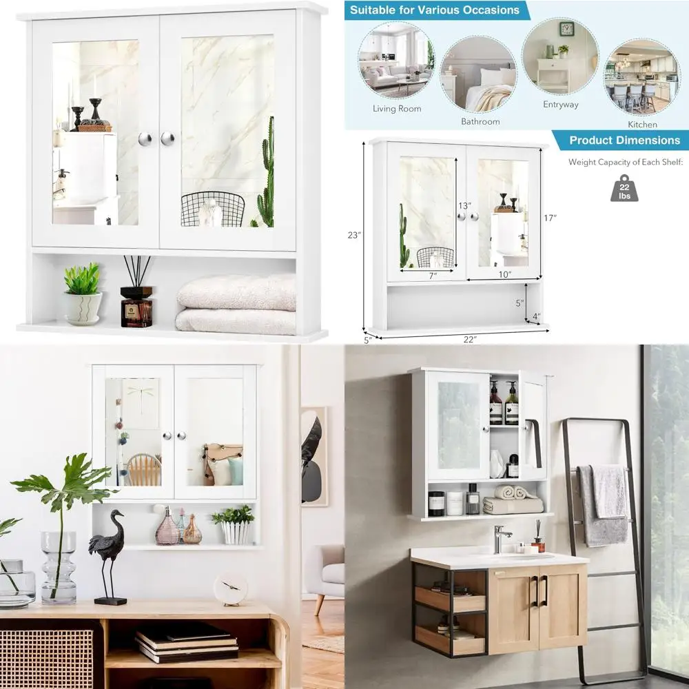 خزانة حمام مثبتة على الحائط بأبواب عاكسة ورف قابل للتعديل ومقصورة مفتوحة #1