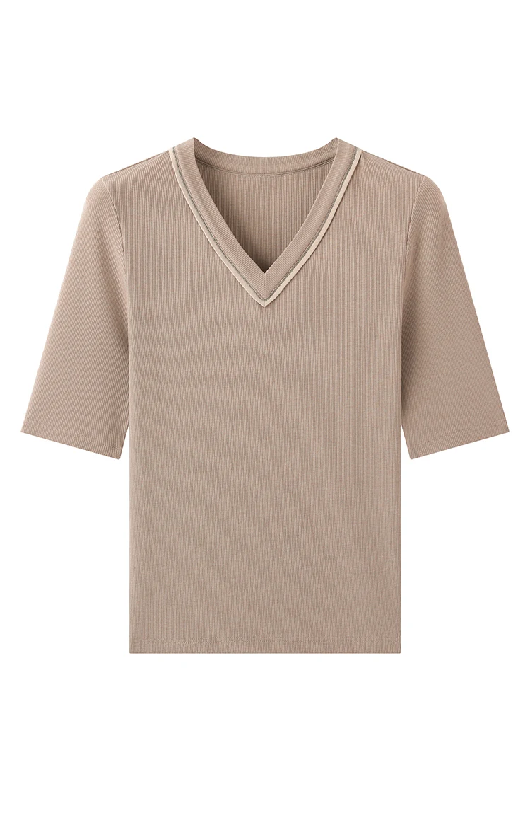 KL7523408 Designer-Stil Damen V-Ausschnitt Strickware Weiche Wollmischung Oberteil Slim Fit Geripptes Kurzarm-T-Shirt – Detail 15