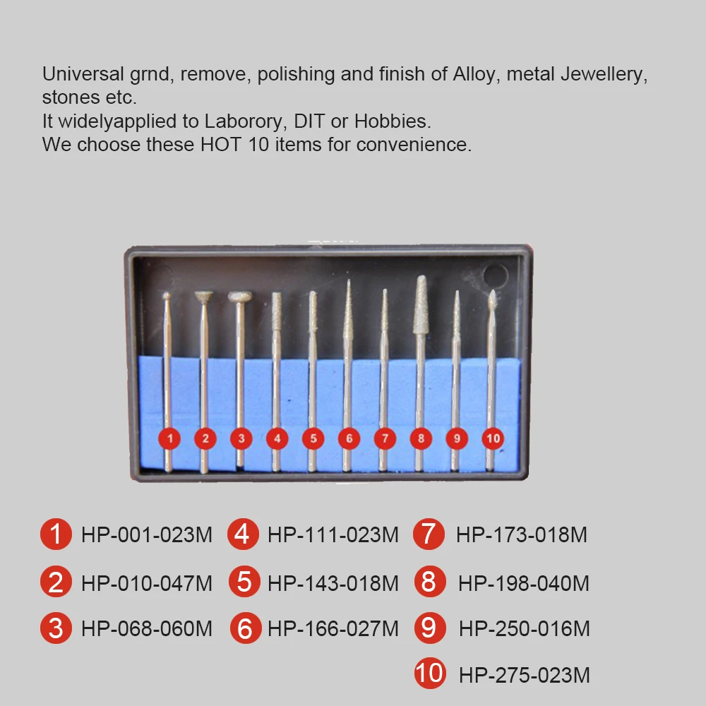 10 pcs/box Dental HP Diamond Burs KIT Technician Burs Cutting Drills  Dentist Lab Material Steel Nail Jewery Polishing Supply