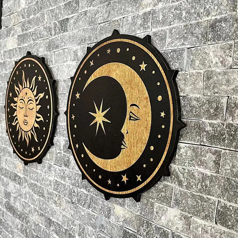 Sun and Moon Decor | Wooden Star Moon Wall Art with Back Hook | Farmhouse Suspension Ornament for Front Door Colored Kitchen Por