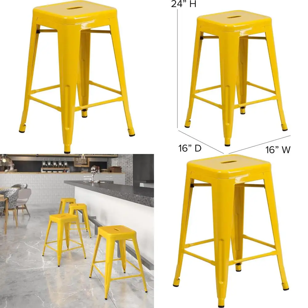 

24-дюймовый высокий желтый металлический стул-табурет с квадратным сиденьем для использования в помещении и на улице