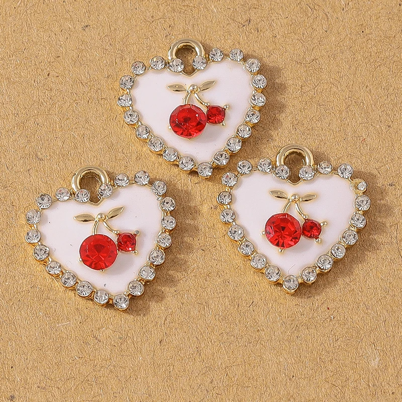 10pcs Chic Enamel Crystal Cherry Love Heart Charms Pendants for Necklace Earrings DIY Bracelet Jewelry Accessories Supplies
