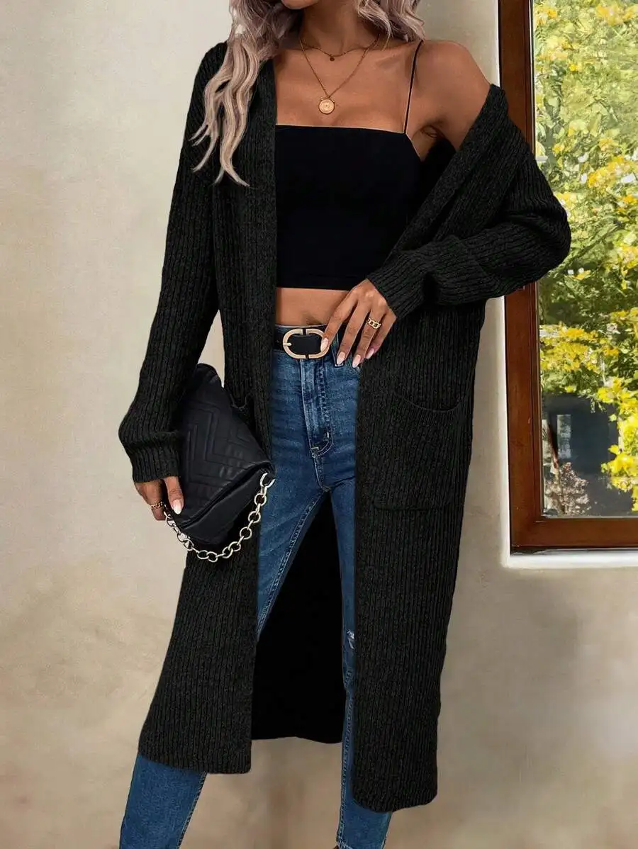 듀얼 포켓 스플릿 헴 후드 더스터 가디건, 긴 소매 탑 가을 겨울 여성용 의류