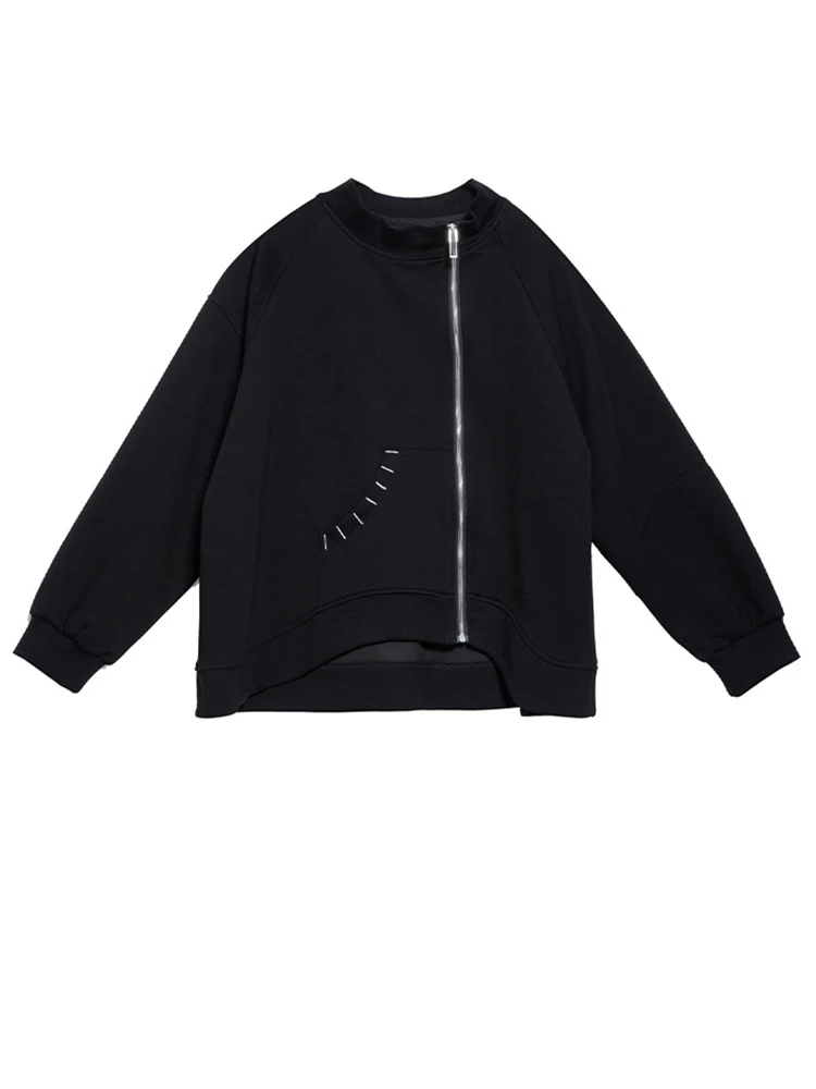 [EAM] Loose Fit Black Zipper Irregular Sweatshirt New Round Neck Long Sleeve Women Big Size Fashion Spring Autumn 2024 1DH0846