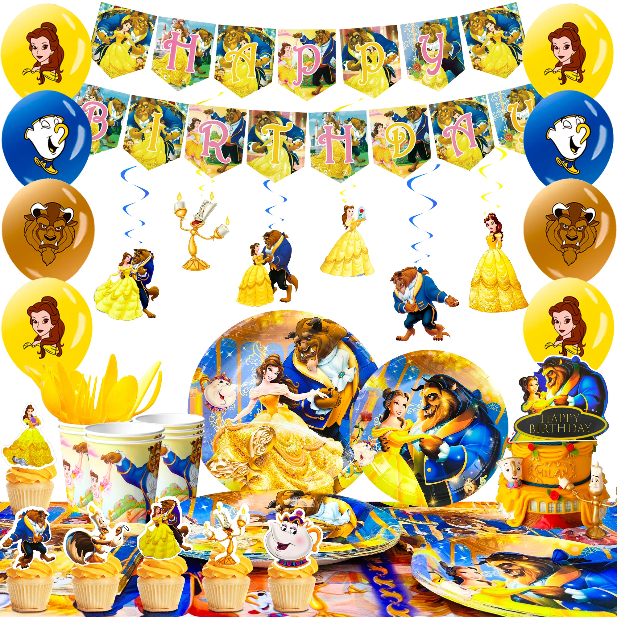 Décorations de fête la belle et la bête, 117 pièces, ensemble de vaisselle, ballons, assiettes, tasses, etc., fournitures de fête d'anniversaire la belle et la bête