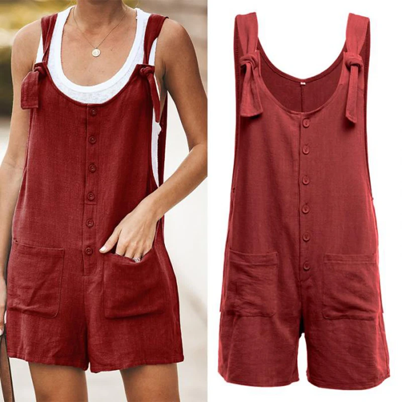 

New Cotton Linen Jumpsuit Shorts Lace-up One-piece Straps Solid Color Buttons Comfortable Casual Summer Fashion Women's Shorts