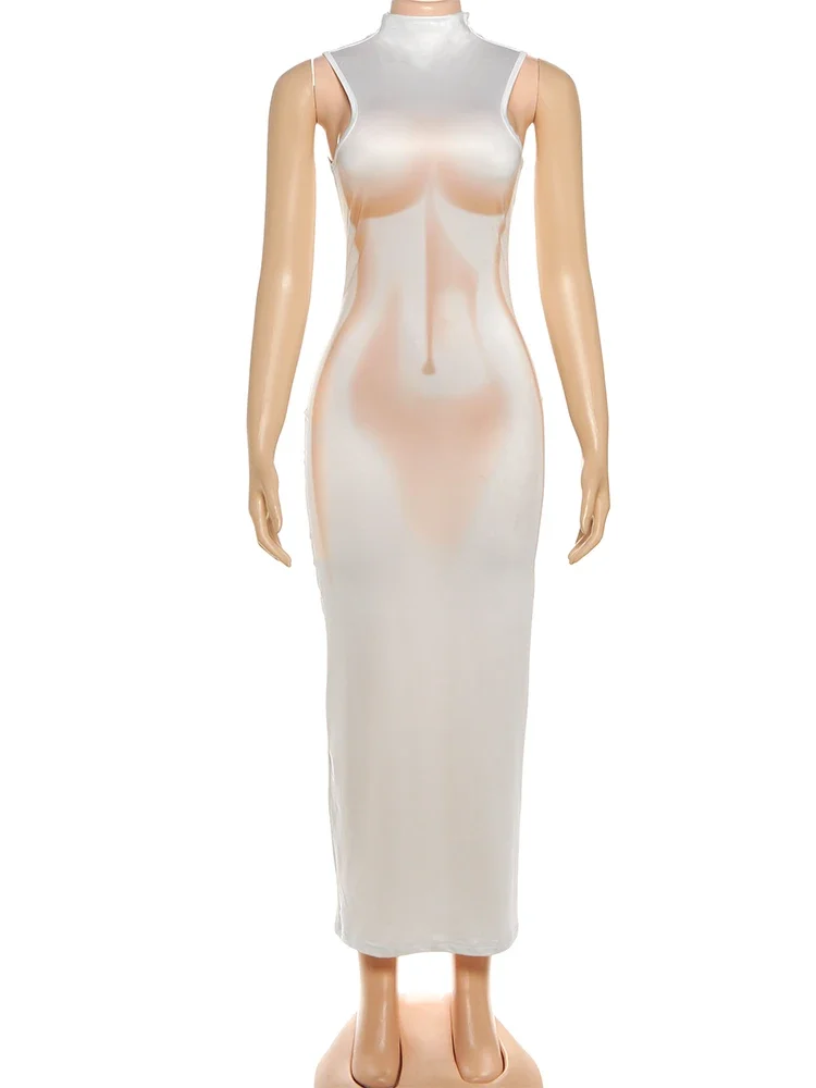 Sisterlinda Patchwork Dress Women Coquette Sleeveless Print Peach Hip Sexy Elegant Simple Stretch Skinny Birthday Maxi Bodycon