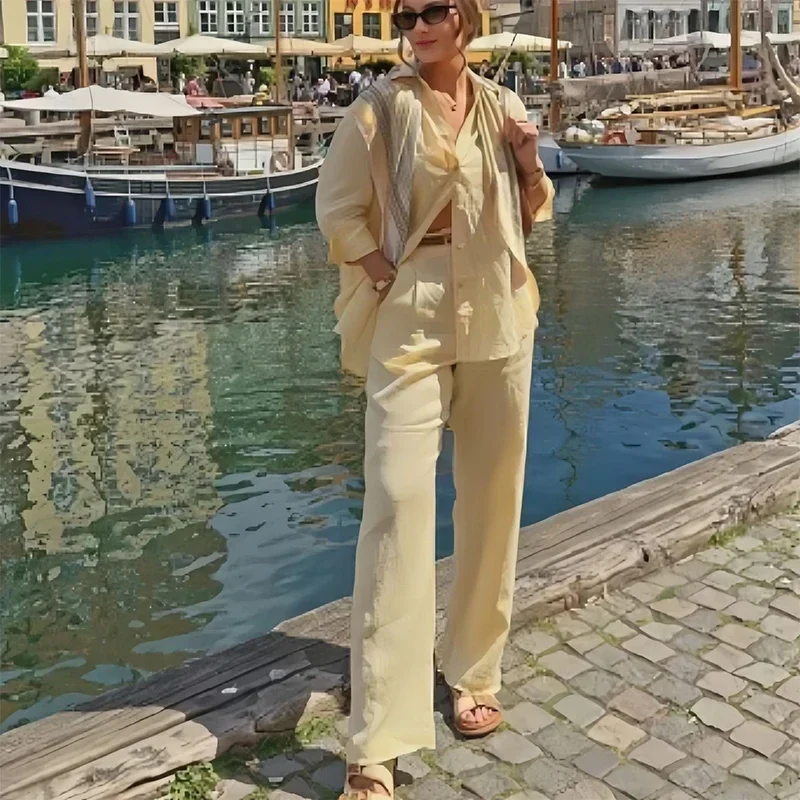

Cotton Linen Shirt Pants Suit Women Casual Lapel Buttons Full Sleeve Tops Straight Wide Trousers Spring Summer Solid Lady Sets
