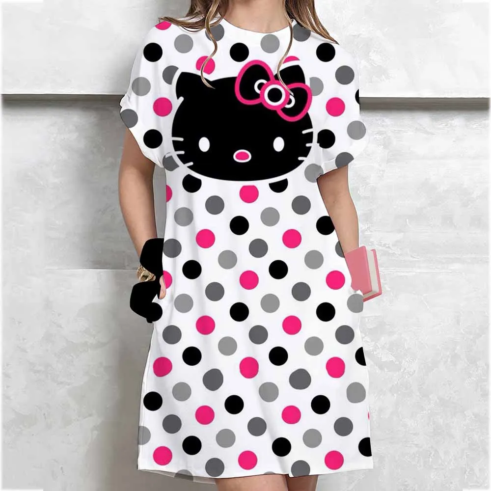 Abito lungo maglietta da donna, moda estiva, ragazza, Hello Kitty, stampa oversize, casual, girocollo, maniche corte, mini abito T-shirt ﻿