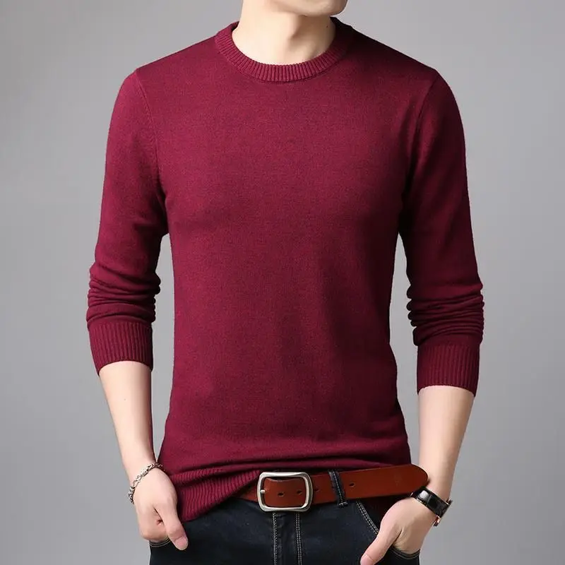 Men\'s Spring and Autumn Pullover Round Neck New Fashion Casual Solid Color Sweater Knitted Slim Fit Versatile Long Sleeved Tops