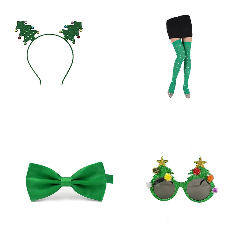 PESENAR Christmas Tree Costume Set - Green Tutu Skirt, Headband, Stockings, Glasses - Adult, Female Christmas Party Costume