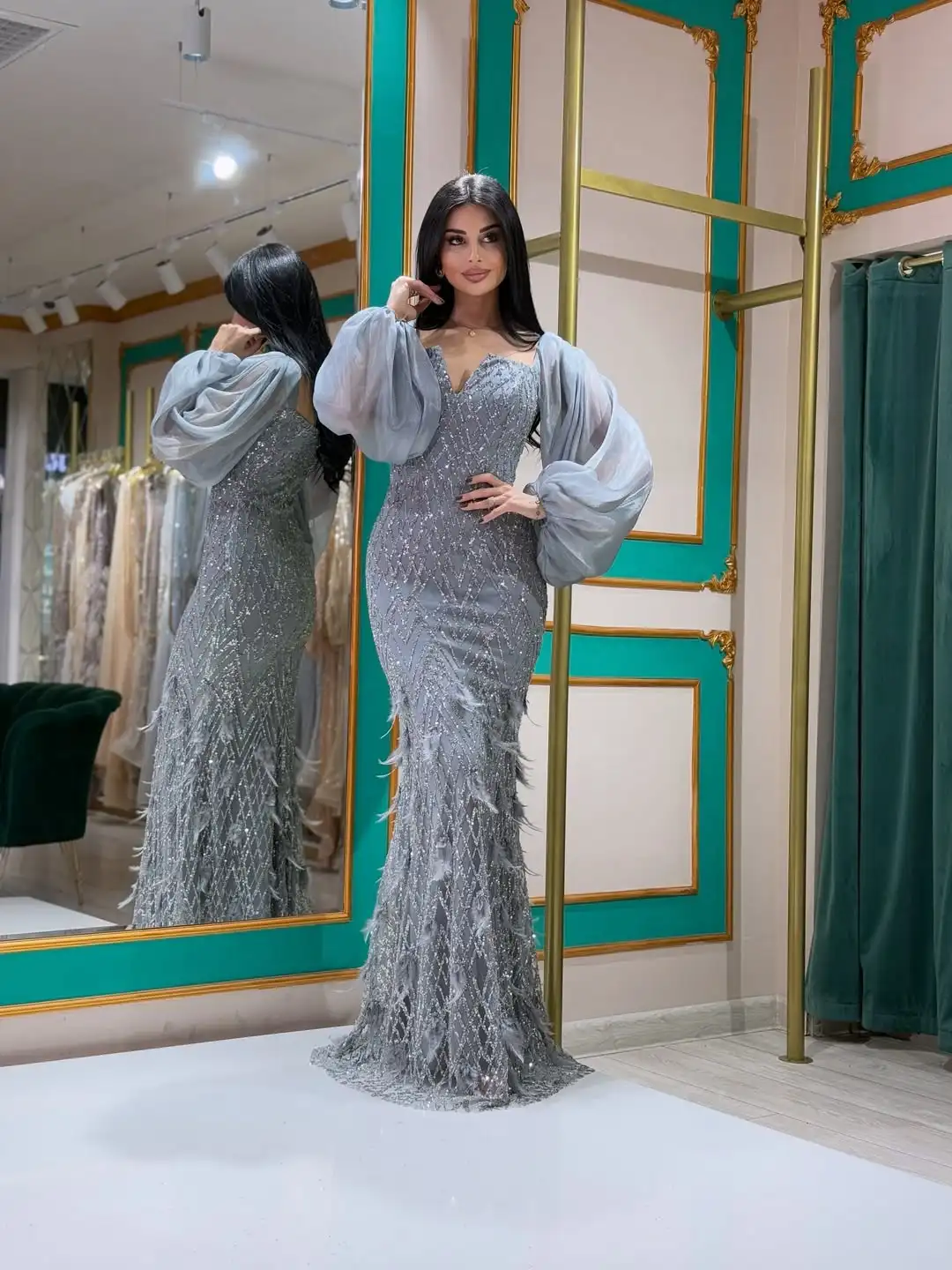 

New Design Luxury Elegant Feathers Illusion Foral Sleeves Charming Fashion Mermaid Evening Prom Formal Party Dress